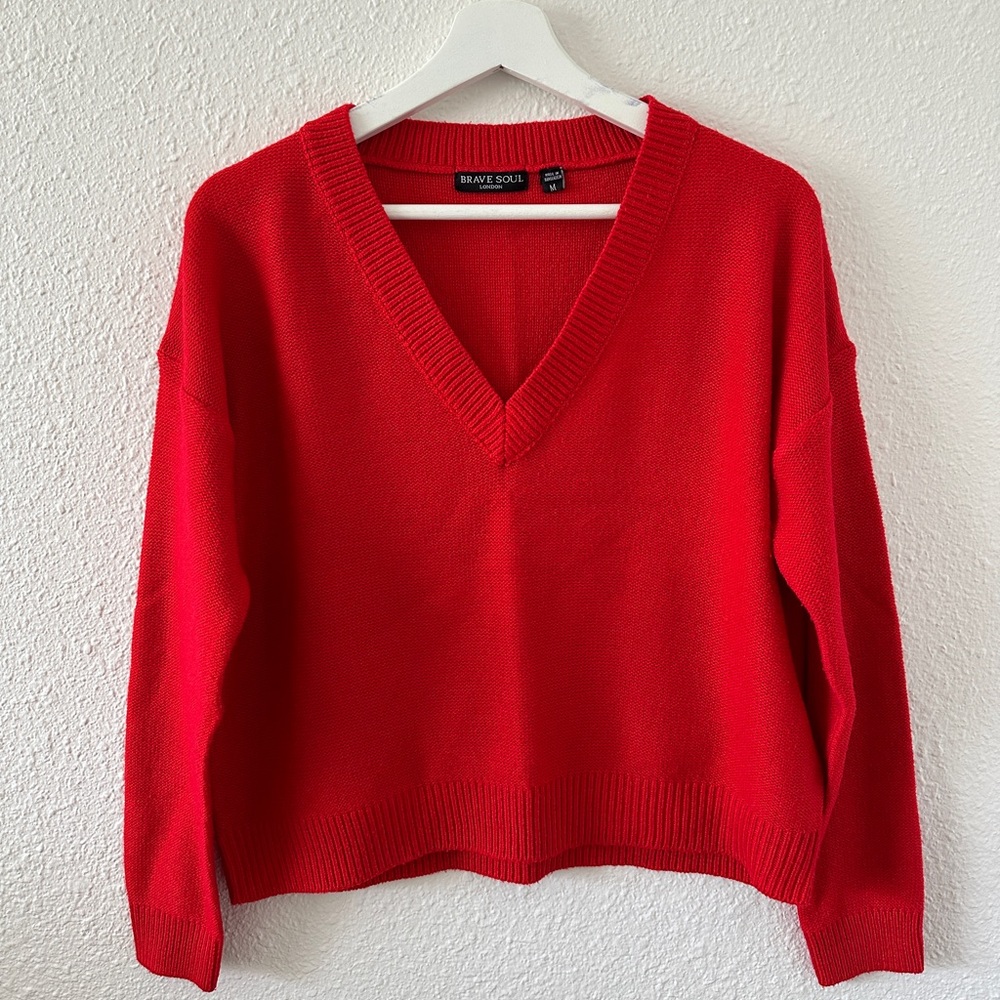 Bright red v neck knit sweater, size M